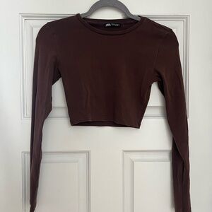 Zara Brown Cropped Long-Sleeve Top